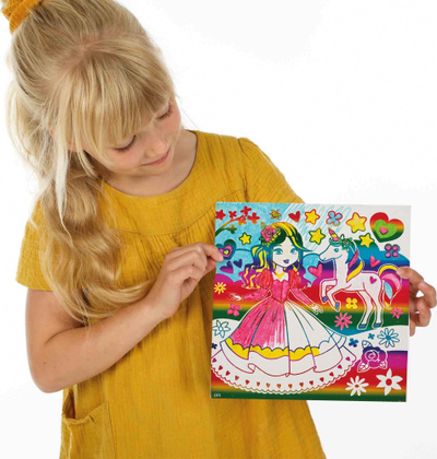 Set ngjyrosjeje SES Creative 01150 Metallic Colouring Canvas, kanavacë me princeshë dhe unikorn, me shkumsa me ngjyra, shumëngjyrësh