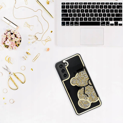 Mbrojtëse telefoni Teddy Bear për Samsung Galaxy A13 4G, PU TPU, me shkëlqim, ngjyrë gold