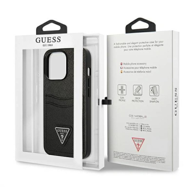 Çfutëse telefoni Guess GUHCP13LPSATPK për iPhone 13 Pro / 13 6.1", Saffiano, me xhep kartash, e zezë