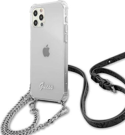 Kapuç telefoni Guess GUHCP12MKC4GSSI për iPhone 12 / 12 Pro 6.1", kapak i fortë transparent, me rrip zinxhir argjendi
