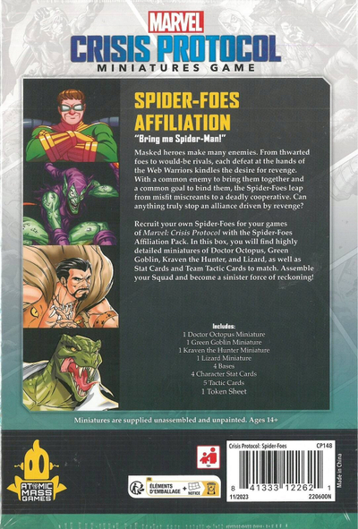 Lojë me miniatura Atomic Mass Games Marvel Crisis Protocol Spider Foes Affiliation Pack, zgjerim, 2 lojtarë, shumëngjyrëshe