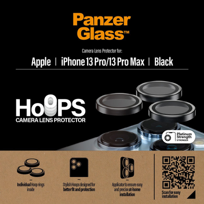 Mbrojtës kamere PanzerGlass Hoops për iPhone 13 Pro dhe 13 Pro Max, xham i fortë, i zi