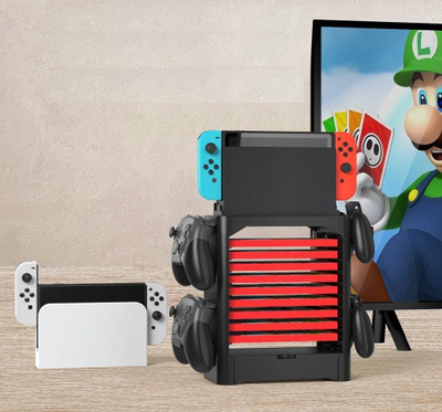 Organizer konsolash JYS NS153 për Nintendo Switch dhe Switch OLED, me hapësira aksesorësh, i zi