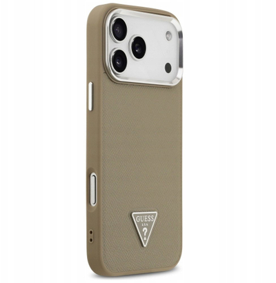Kapak telefoni Guess Grained Triangle Logo MagSafe, për iPhone 17 Pro Max, kafe
