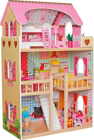 Дрвена куклена куќа Enero Toys Wooden LED Dollhouse XXXL, 60x33x90cm, со LED, шарена