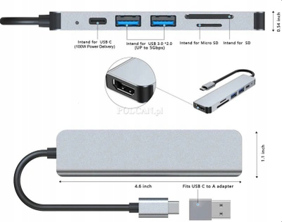 USB HUB Bounn 6 во 1, USB C, HDMI 4K 30Hz, сив