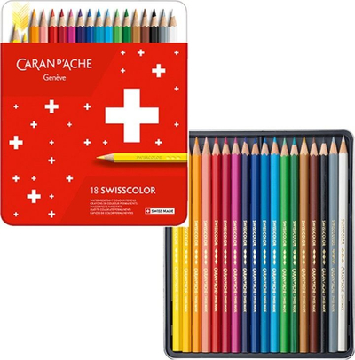 Set lapsa me ngjyra Caran D'Ache Swisscolor, 18 copë, ujë-tretshëm, kuti metalike e kuqe