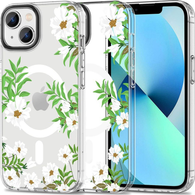 Mbrojtëse telefoni Tech-Protect Magmood MagSafe për iPhone 14, transparente, me lule të bardha