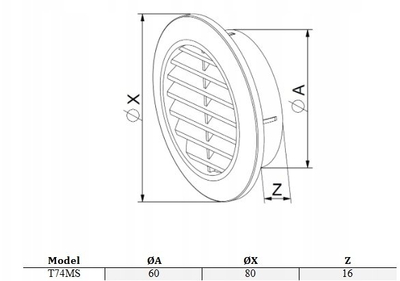 Rrjetë ventilimi Awenta T74MS MINI-AWENT, fi 60mm, PVC, argjend