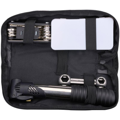 Set veglash biçiklete Dunlop 14 copë, multitool edhe pompë, me çantë, i zi