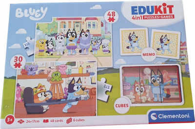 Едукативна игра Clementoni Edukit 4 in 1 Bluey, сложувалка 30 и 48 делови, 6 коцки, многуобоен