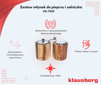 Set kripore dhe mulli piper Klausberg KB7859, dru akacie, mekanizëm qeramik
