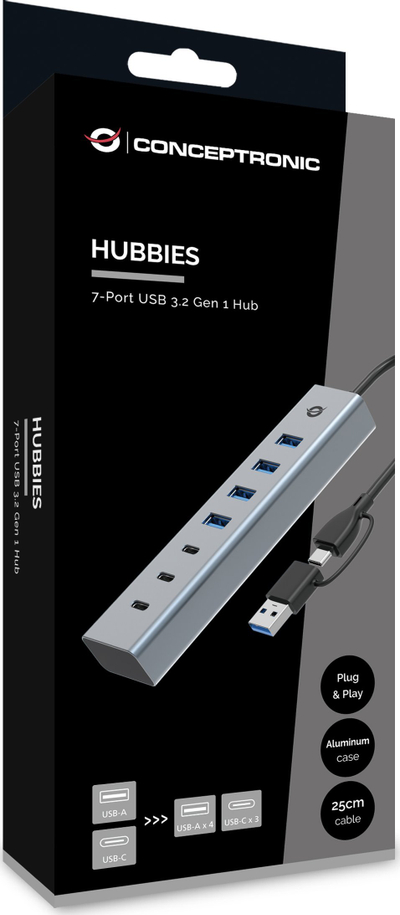 Hub USB Conceptronic HUBBIES20G me 7 porta, USB 3.2 Gen 1, 5Gbps, gri