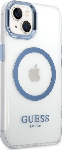 Mbulesë telefoni Guess GUHMP14MHTRMB për iPhone 14 Plus 6.7", MagSafe, blu transparente
