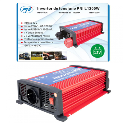 Inverter PNI PNI H1200W12, 1200W, 12V në 230V, i zi