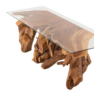 Tavolinë për kafe rrënjë teak xham 140×45×40 cm (HM9396)
