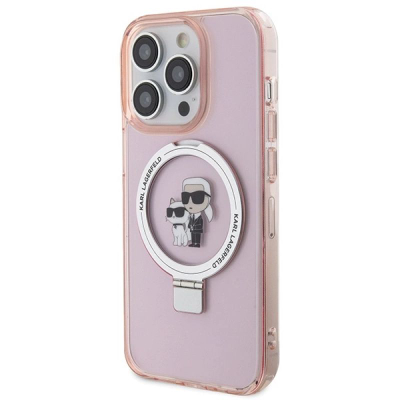 Mbulesë telefoni Karl Lagerfeld Ring Stand MagSafe për iPhone 15 Pro 6.1", me unazë për me e mbajt në këmbë, rozë