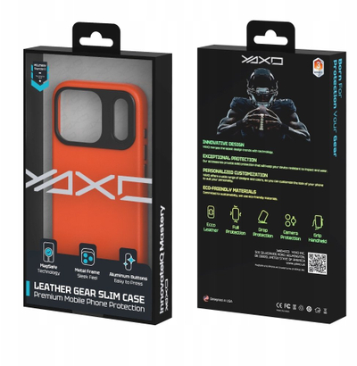 Këllëf telefoni YAXO Leather Gear Slim Case për iPhone 17 Pro, MagSafe, lëkurë eco, portokalli