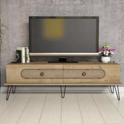 Kabinet TV Kalune Design Ekol, me rafte dhe dyer, dru natyral