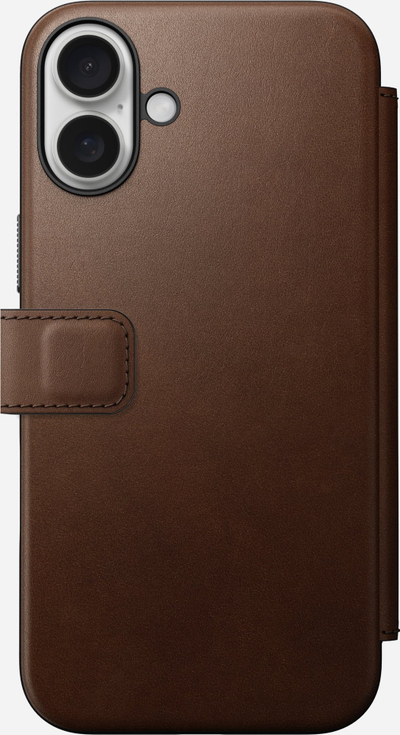 Këllëf portofol Nomad Modern Leather Folio për iPhone 16 Plus, lëkurë full grain, MagSafe, kafe