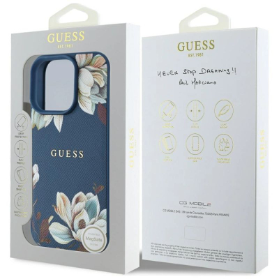 Заштитна маска Guess MagSafe за iPhone 16 Pro, дизајн со цвеќиња, сина