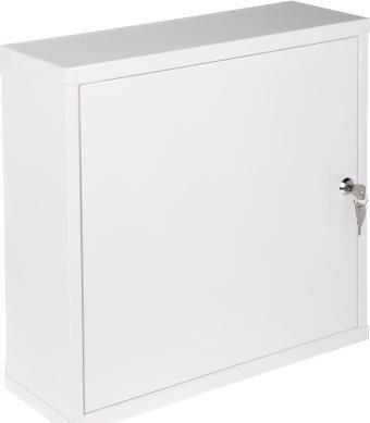 Kuti metalike me çelës, 400x400x130mm, me prapakërcell dru, e bardhë