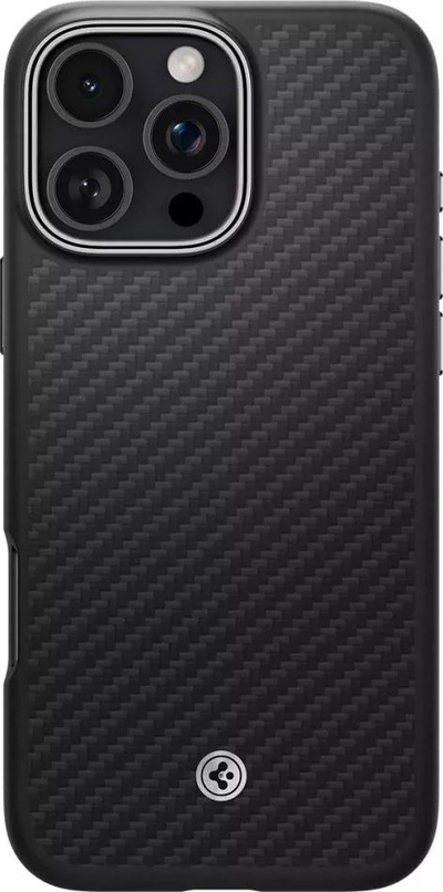 Kuti telefoni Spigen Enzo Aramid për iPhone 16 Pro Max, mbrojtje ushtarake, teksturë karboni, e zezë argjendtë