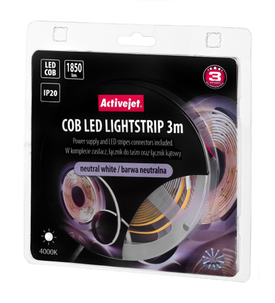 Лента светло ActiveJet AJE-COB, 3m, 19W, 1850lm, неутрално бела