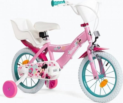 Biçikletë për kalamaj Disney Minnie 14", me rrota ndihmëse, me shportë përpara, rozë