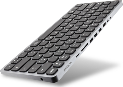 Tastierë AXAGON HMC-KB, USB-C me hub, layout DE, gri e zezë