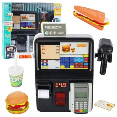 Lodër kasë vetëshërbim për fëmijë Self-Service, me skaner, me aksesorë fast food, shumëngjyrëshe