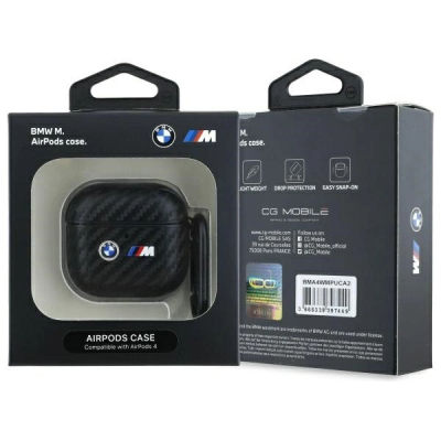 Mbështjellës BMW M Metal Logo për AirPods 4, teksturë karbon, me karabinë, i zi