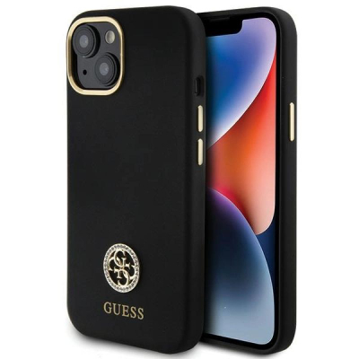 Kapak telefoni Guess Liquid Silicone për iPhone 15, me logo metalike, i zi