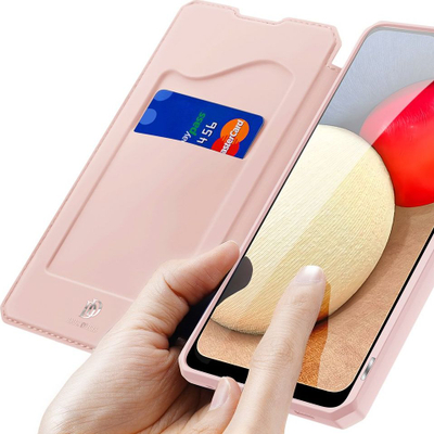 Kapak me kapak Dux Ducis Skin X për Samsung Galaxy A02s, lëkurë eko, me mbajtëse dhe xhep karte, rozë