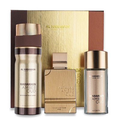 Set dhuratë Al Haramain Amber Oud Gold Edition Extreme, parfum 75 ml + parfum 30 ml + sprej për trup 250 ml