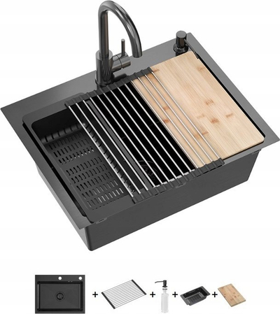 Lavaman kuzhine Deante Luke 110 Workstation, me një kazan, set me rubinet dhe aksesorë, i zi