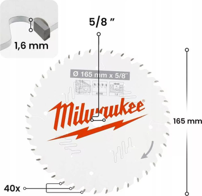 Teh sharre rrethore Milwaukee CSB P W, 165mm, 40 dhëmbë, metalik
