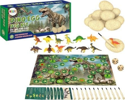 Set lojë gërmimi vezë dinozaurësh, 12 pjesë, me figura dhe tabelë