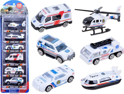 Set lodra ambulanca ZA3505, 6 automjete metalike, mekanizëm tërheq e lësho, të bardha