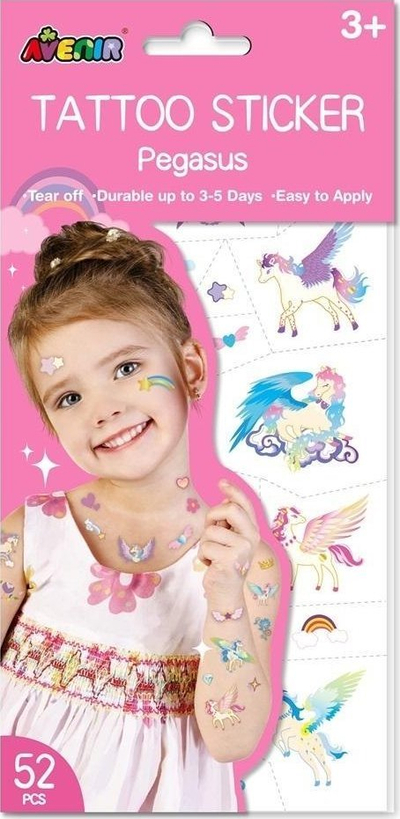 Set tatuazhesh të përkohshme Avenir Washable Tattoo Pegasus, 52 copë, për fëmijë, shumëngjyrëshe