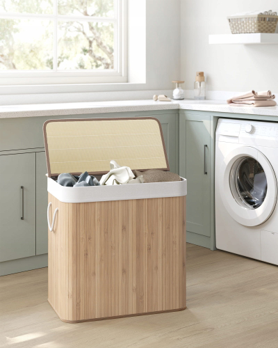 Koshi i rrobave LEOBERT Laundry Basket, me 3 ndarje, bambu, ngjyrë natyrale