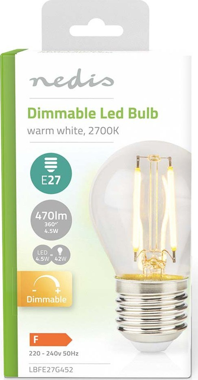 Llampë LED Nedis G45, E27, 4.5W 470lm, 2700K e ngrohtë, me ndryshim drite (dimmable)