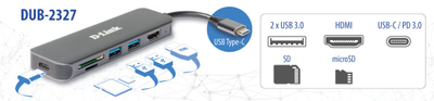 HUB USB C D-Link DUB-2327, 6 në 1, HDMI USB PD SD, gri