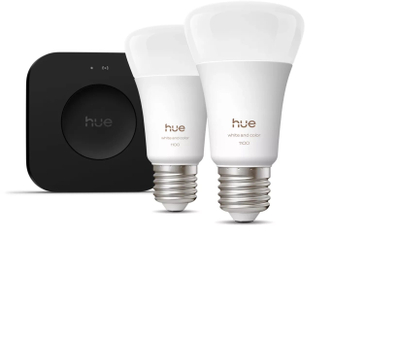 Set ndriçimi inteligjent Philips Hue Starter Set White and Color Ambiance, Bridge Pro, 2 llamba E27, i bardhë