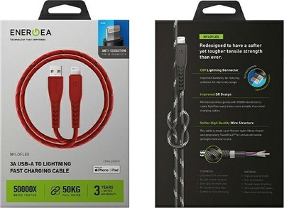 Kabllo Lightning Energea Nyloflex CBL NF RED150, USB A, 1.5 m, e kuqe