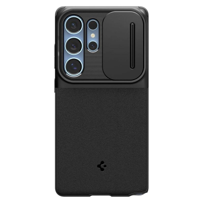 Mbrojtëse telefoni Spigen Optik Armor për Samsung Galaxy S25 Ultra, me kapak kamere rrëshqitës, e zezë