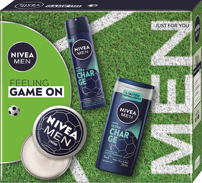 Set për meshkuj Nivea Feeling Game On, xhel dushi 250 ml + antiperspirant sprej 150 ml + krem universale për lëkurë 150 ml