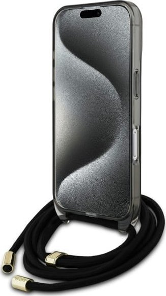 Këllëf telefoni Guess Crossbody Cord Script MagSafe për iPhone 16, me rrip, i zi