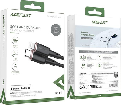 Kabllo USB Acefast Type C Lightning, 1.2 m, 30W, e zezë