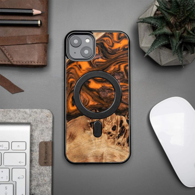 Mbulesë telefoni Bewood Unique Orange Pom për iPhone 15 Plus, dru dhe rrëshirë, MagSafe, portokalli me të zezë